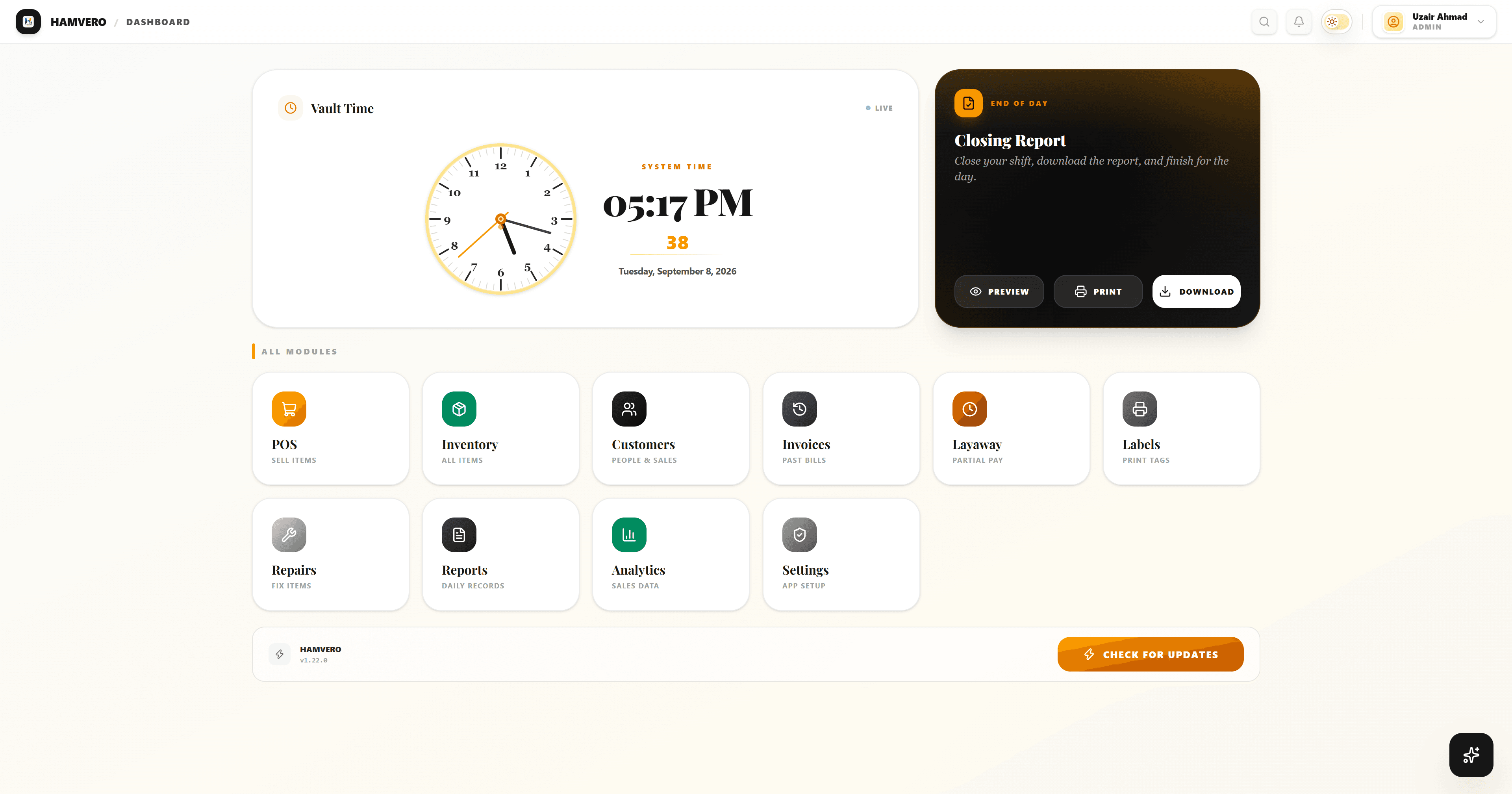 Hamvero POS executive dashboard and sales performance interface