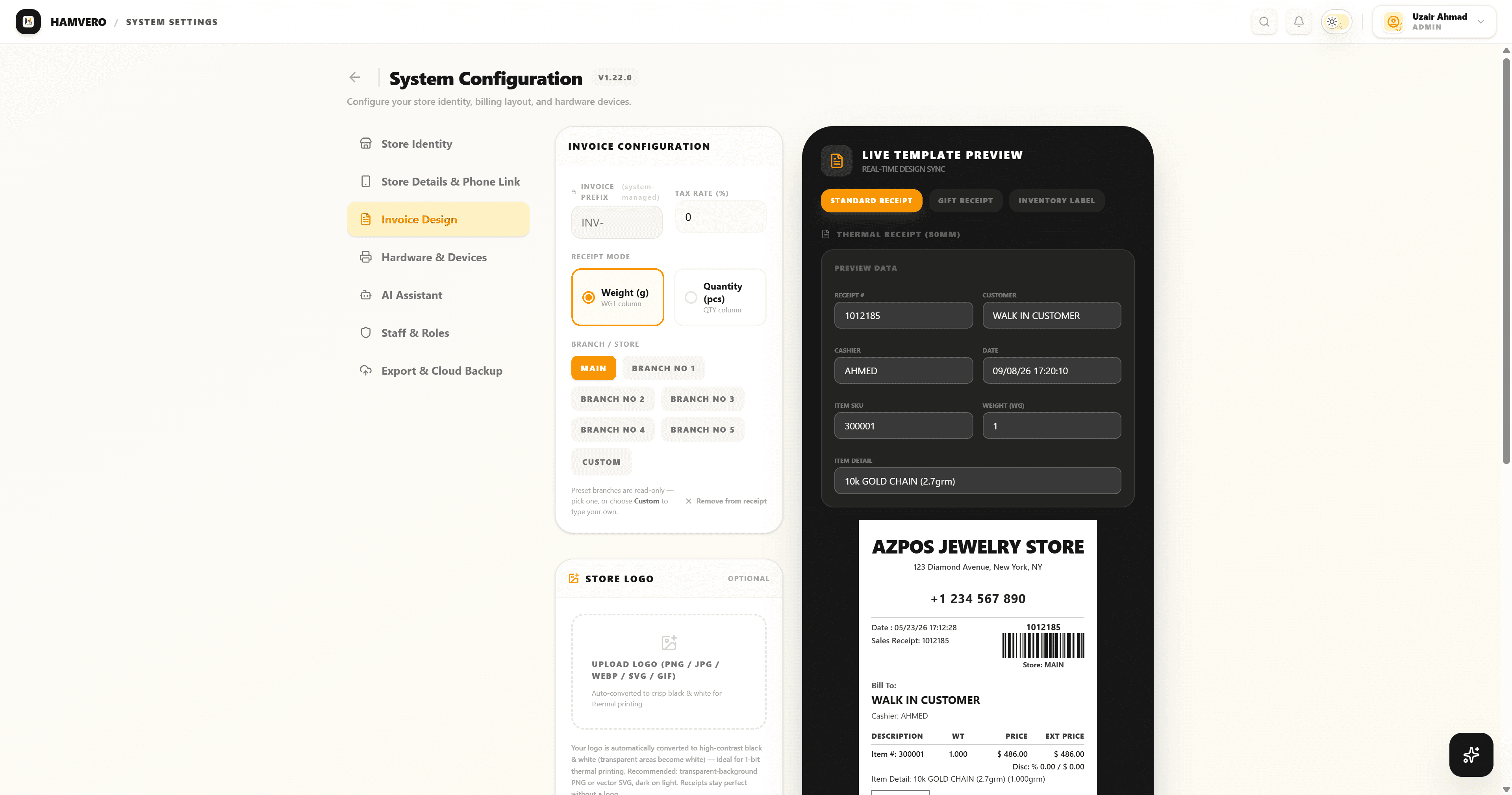 Hamvero POS - Invoice template setting page