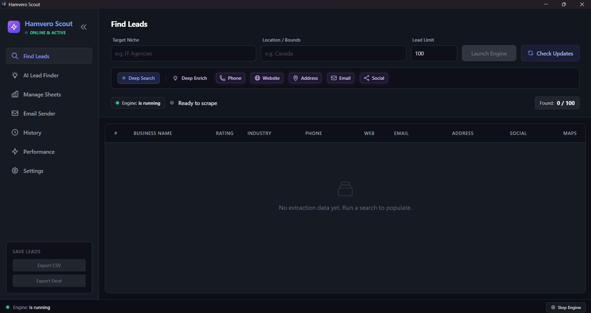 Hamvero Scout lead-generation dashboard interface